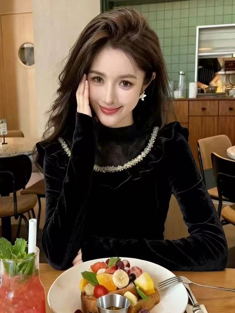 时尚气质高级感黑色拼接丝绒衬衫女秋冬新款法式轻奢百搭显瘦上衣