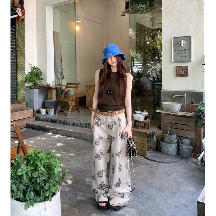 别致印花休闲裤女装夏季高腰长裤宽松复古直筒拖地裤子百搭阔腿裤