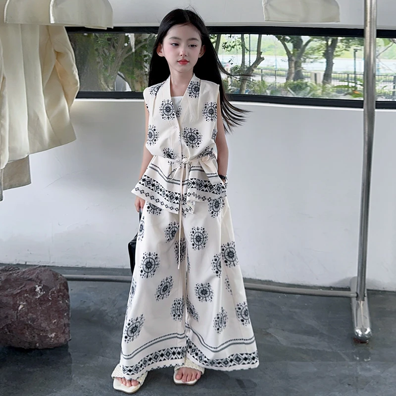 女童民族风印花背心阔腿裤套装夏季2025新款儿童度假风薄款休闲裤