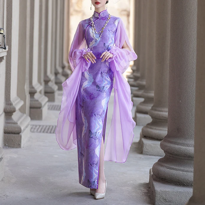 紫色新款中式改良旗袍立领法式网纱蝴蝶袖旗袍长裙古典旗袍舞蹈服