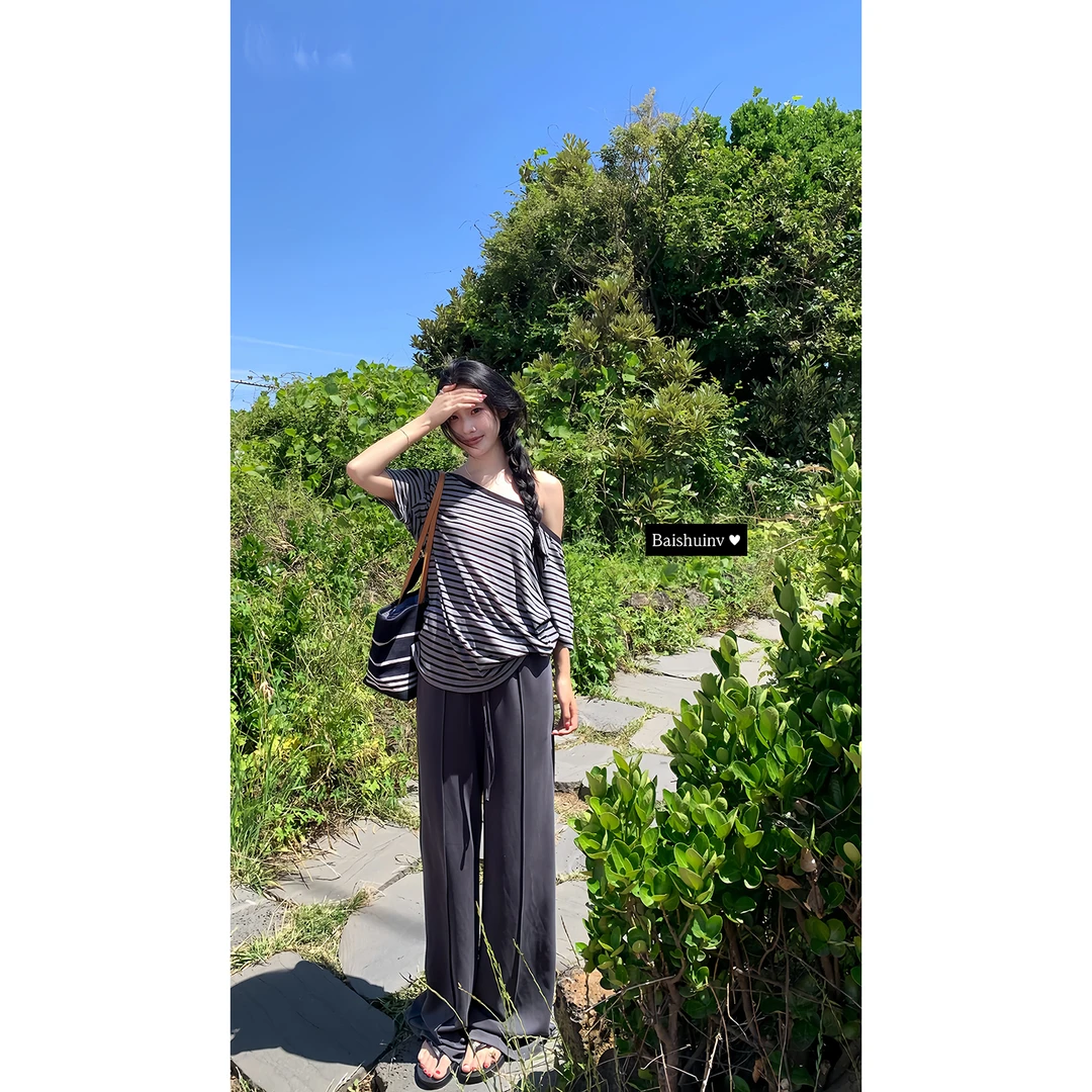 白水女夏季清仓款深灰色高腰直筒休闲裤女夏显瘦宽松B50651719