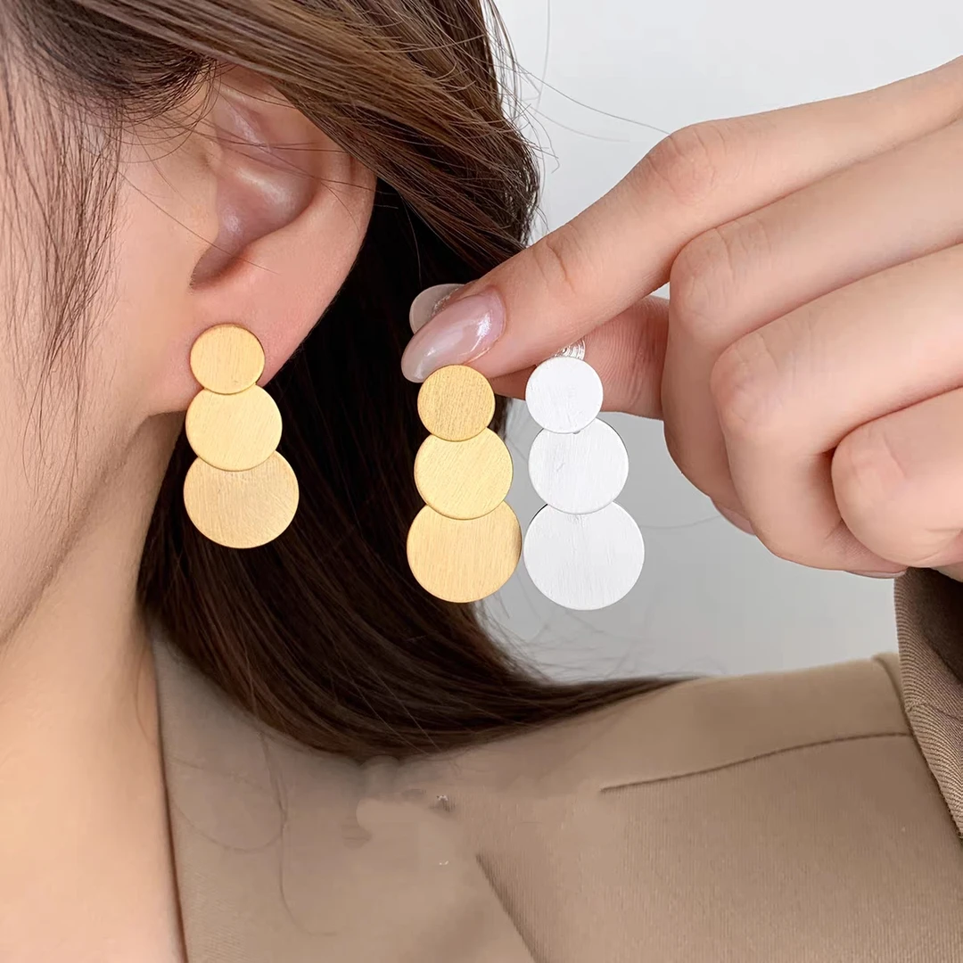 纯铜耳饰 秋冬法式金银拉丝圆片流苏耳夹无耳洞小众气质百搭耳饰