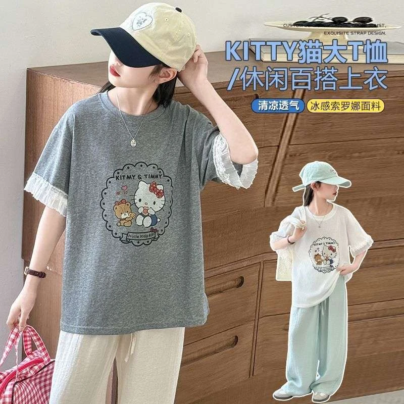 【现货】太凉快啦～女童薄款t恤夏季短袖凉感花边圆领卡通半袖