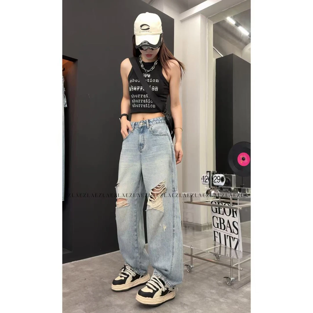 EZ8572夏季新款小破洞口设计显瘦无弹水洗美式老爹堆堆裤