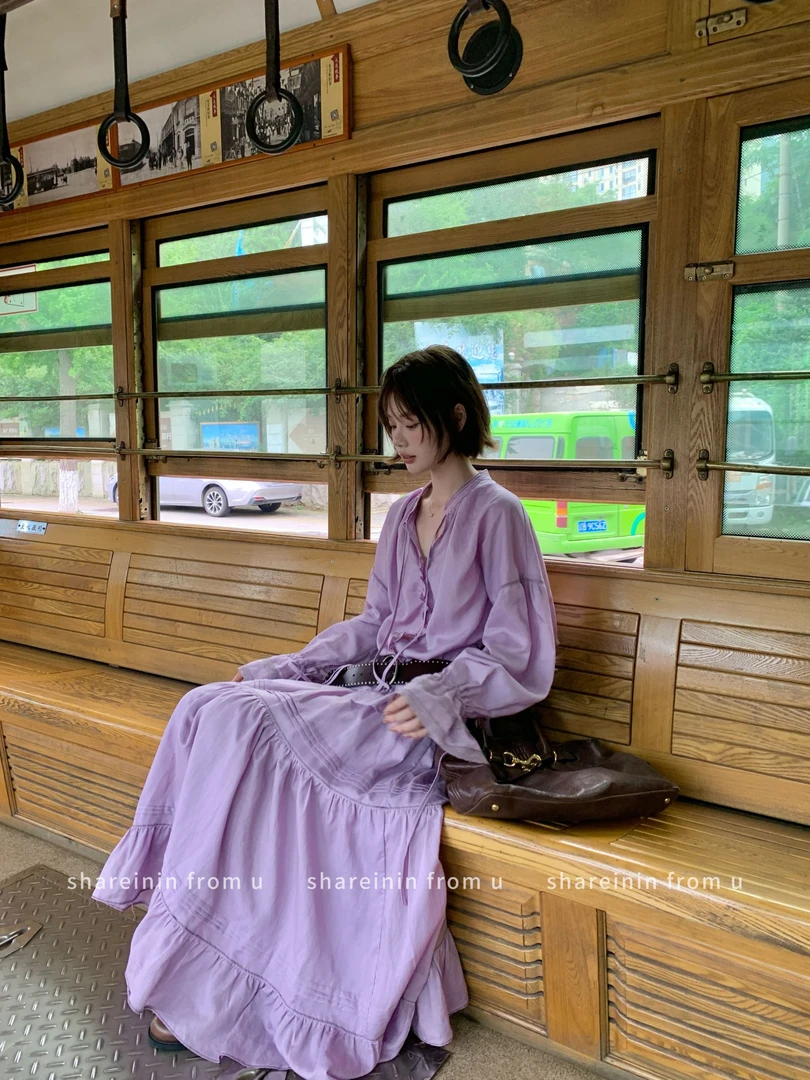 【套装】shareinin 丁香紫天丝苎麻蕾丝拼接抽绳设计感衬衫半裙套装