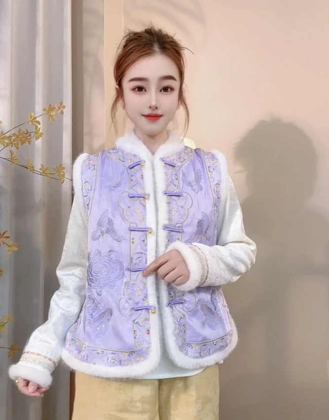 [婉婷]新中式国风秋冬季新款设计感夹棉环保毛毛仙气温婉显瘦马甲