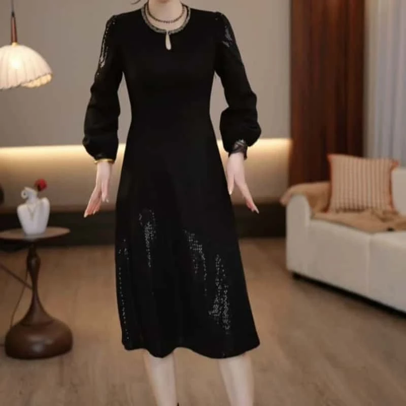 2025春季新款黑色时尚简约优雅拼接细闪灯笼袖显瘦收腰洋气连衣裙