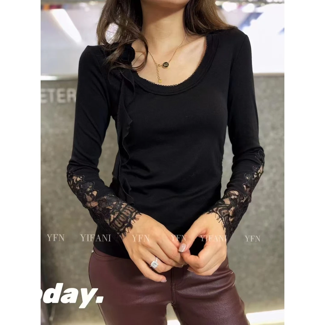 KiKi严选：6454-蜜喜家欧洲站南油秋季新款玫瑰花袖口蕾丝打底衫