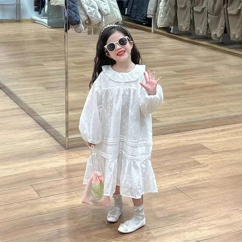 亲子款  法式女童春秋洋气重工气质蕾丝花边荷叶领大摆公主连衣裙