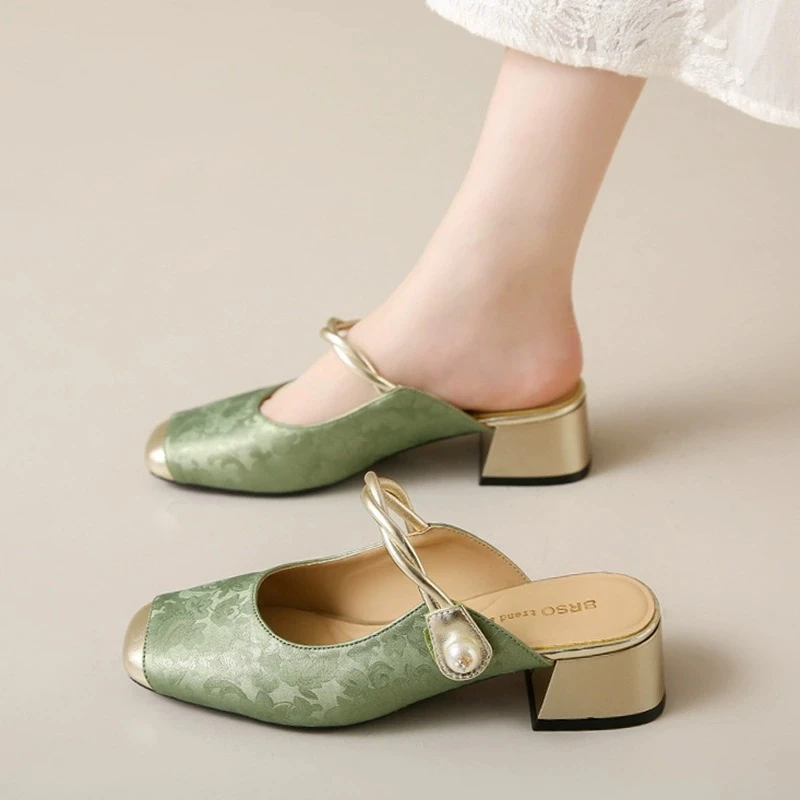 包头半拖鞋女夏季外穿2025新款中式国风仙女粗跟配裙子一字带凉拖