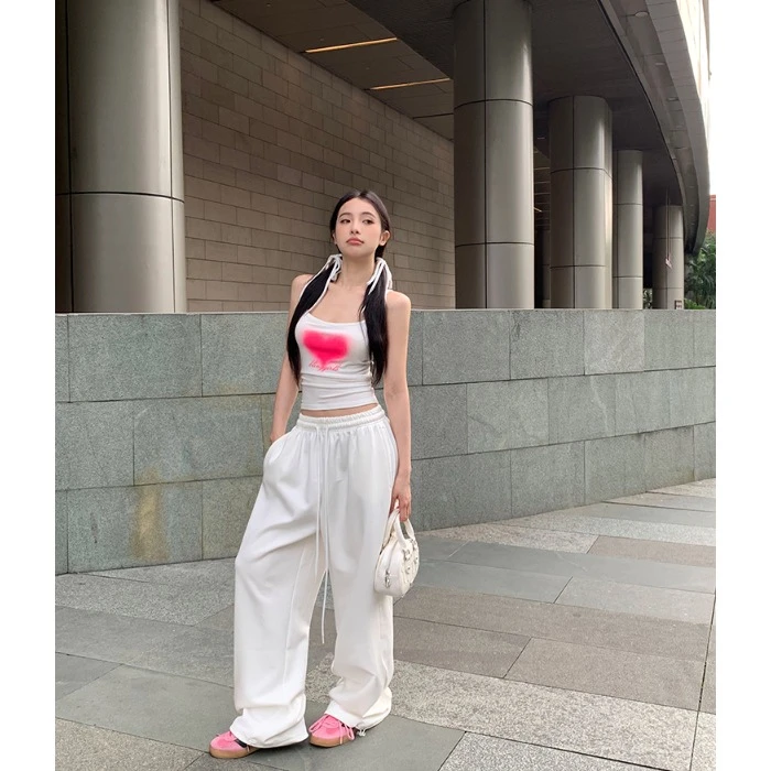 爱心印花白色休闲卫裤女夏季辣妹抽绳松紧腰运动裤宽松阔腿拖地裤