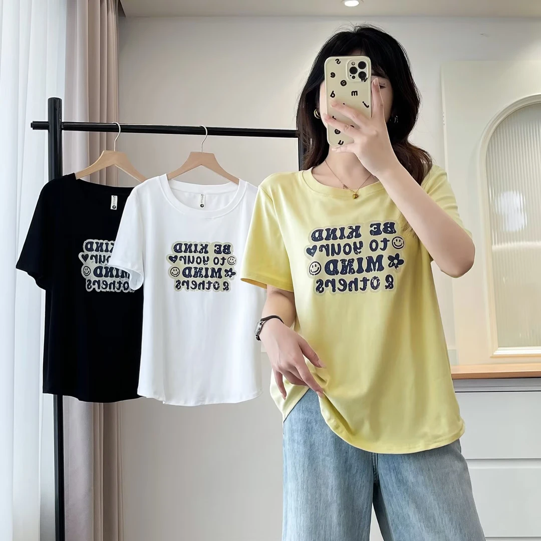 大码胖mm女装休闲字母印花短袖T恤夏季百搭宽松遮肉显瘦圆领上衣