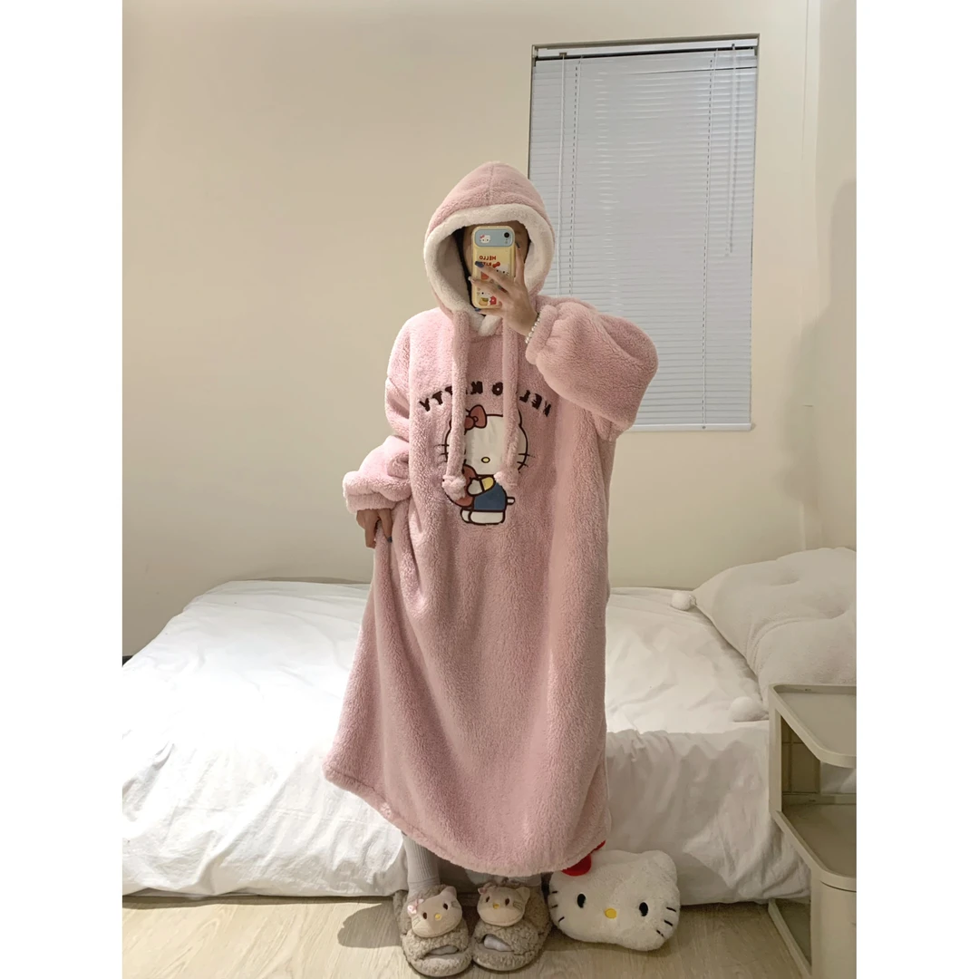 可爱简约草莓凯蒂猫睡衣女秋冬季新款加绒加厚保暖休闲睡裙家居服