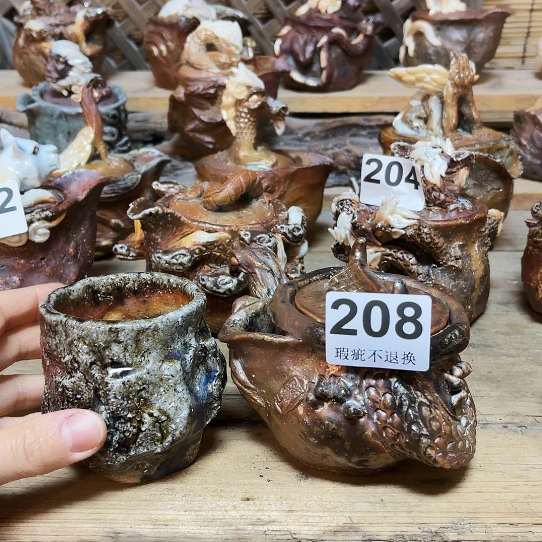 杯蓝***柴烧粗陶手捏宝瓶特价