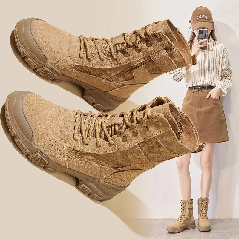 万达撤柜头层牛皮高帮马丁靴女短靴2025新款徒步户外登山鞋沙漠靴