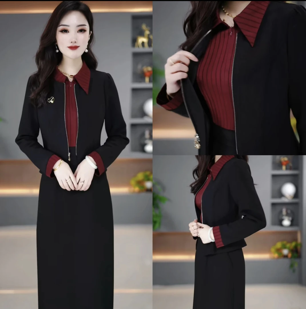 连衣裙假两件2025春季新款显瘦修身收腰韩版气质遮肚裙子