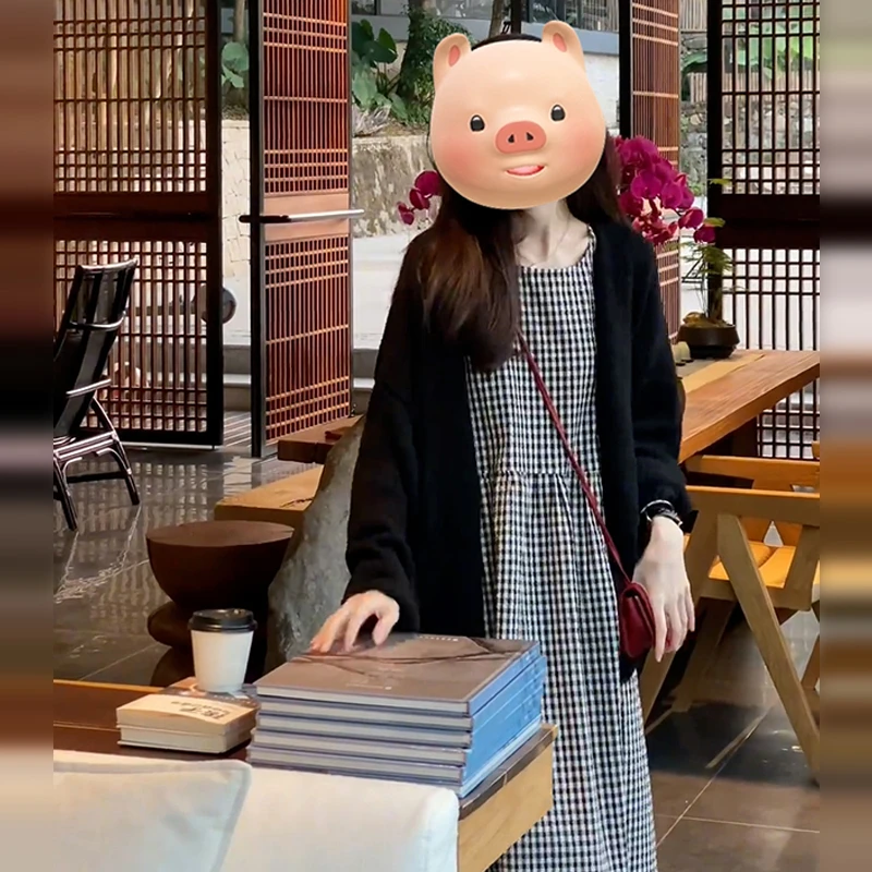 2025新款黑色格子无袖连衣裙子女初春季小个子穿搭配套装背心长裙