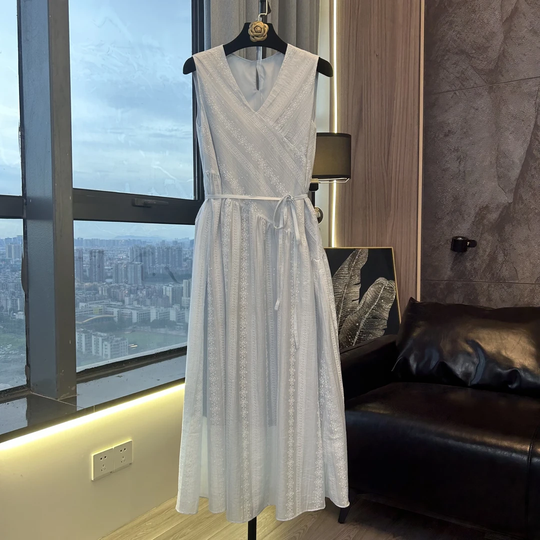 【林仙仙】浅蓝色V领夏纯色露肩不褪色连衣裙夏季轻奢Y260229