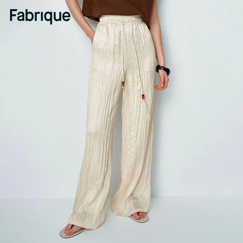 Fabrique Aurora 春夏新款香槟白醋酸褶皱缎面松紧腰通勤休闲裤