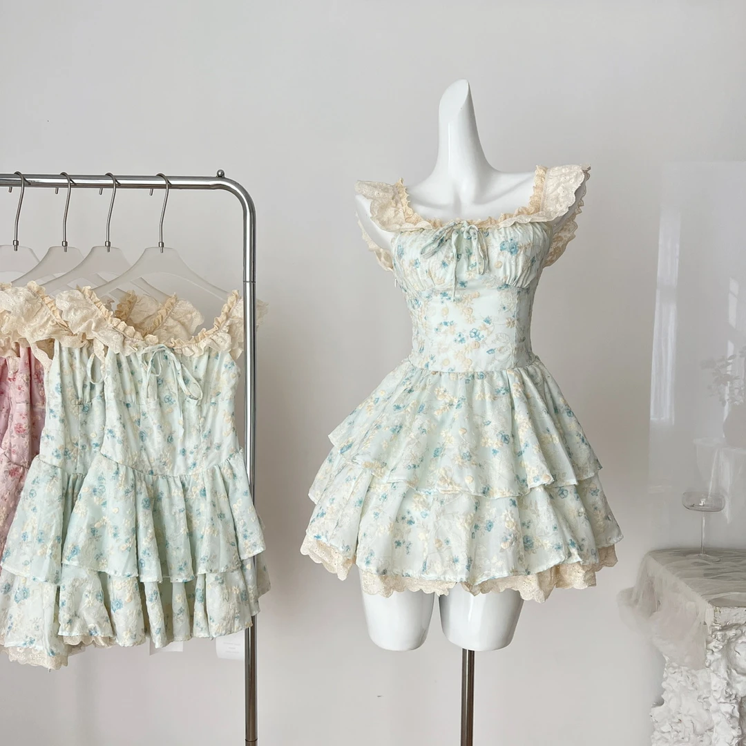 梁开心 樱织花翎 精致甜美小飞袖温柔碎花收腰公主风连衣裙