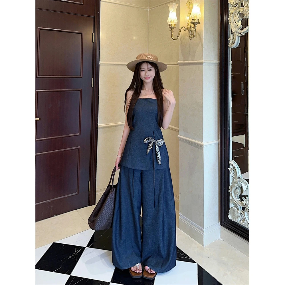 轻奢开叉蝴蝶结复古抹胸上衣女夏季新款宽松阔腿裤牛仔套装网红款
