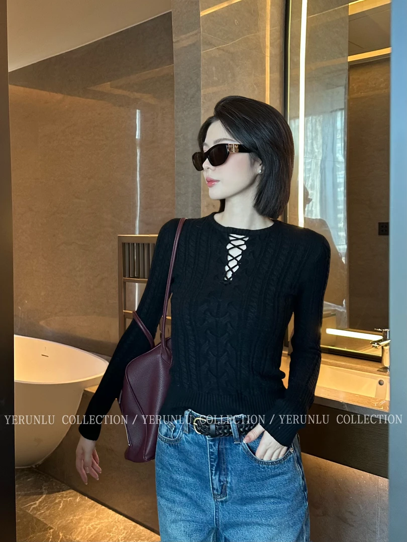 YERUNLU美式镂空针织衫毛衣女冬季设计感修身打底上衣时尚百搭
