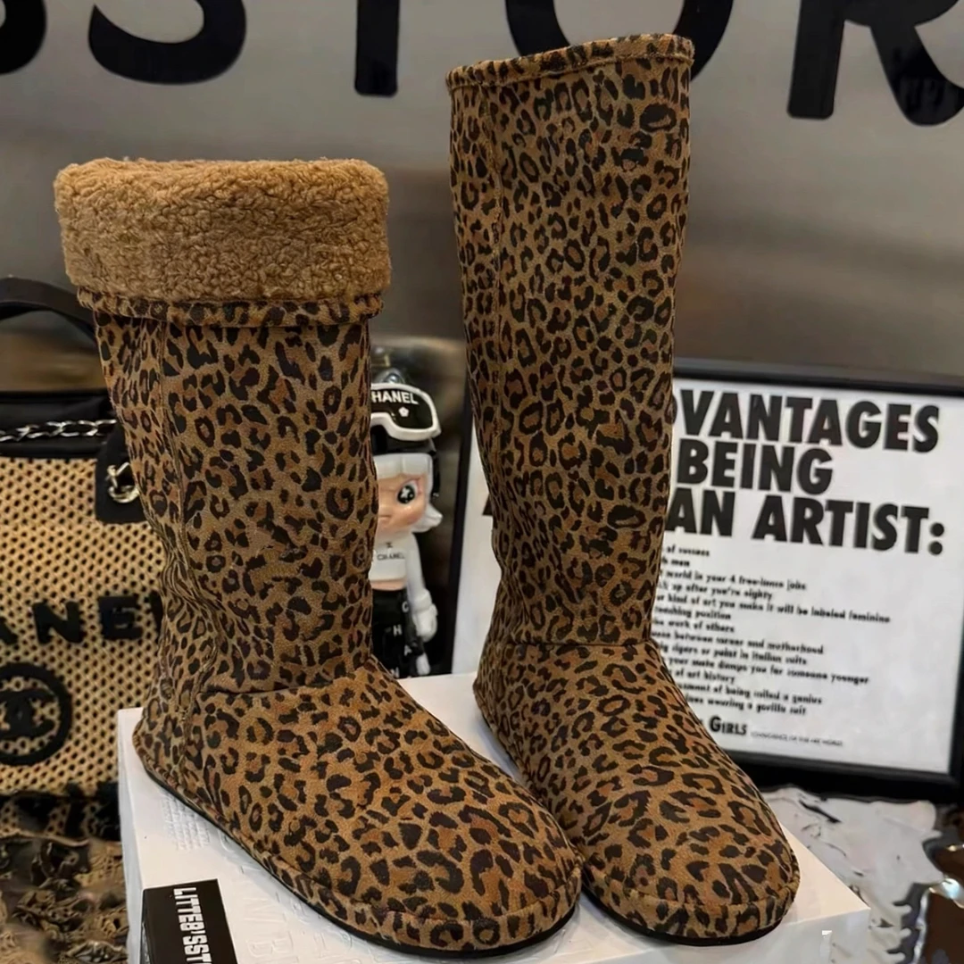 磨砂皮欧洲站翻领两穿羊羔绒长靴加厚雪地棉靴VIVI同款豹纹女鞋