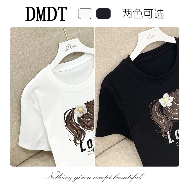 【DMDT潮牌】2025夏季新品 “左岸午后”小女孩印花短袖钉珠T恤ZB0117