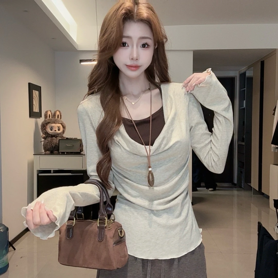 荡领设计感假两件秋季新款美拉德色简约