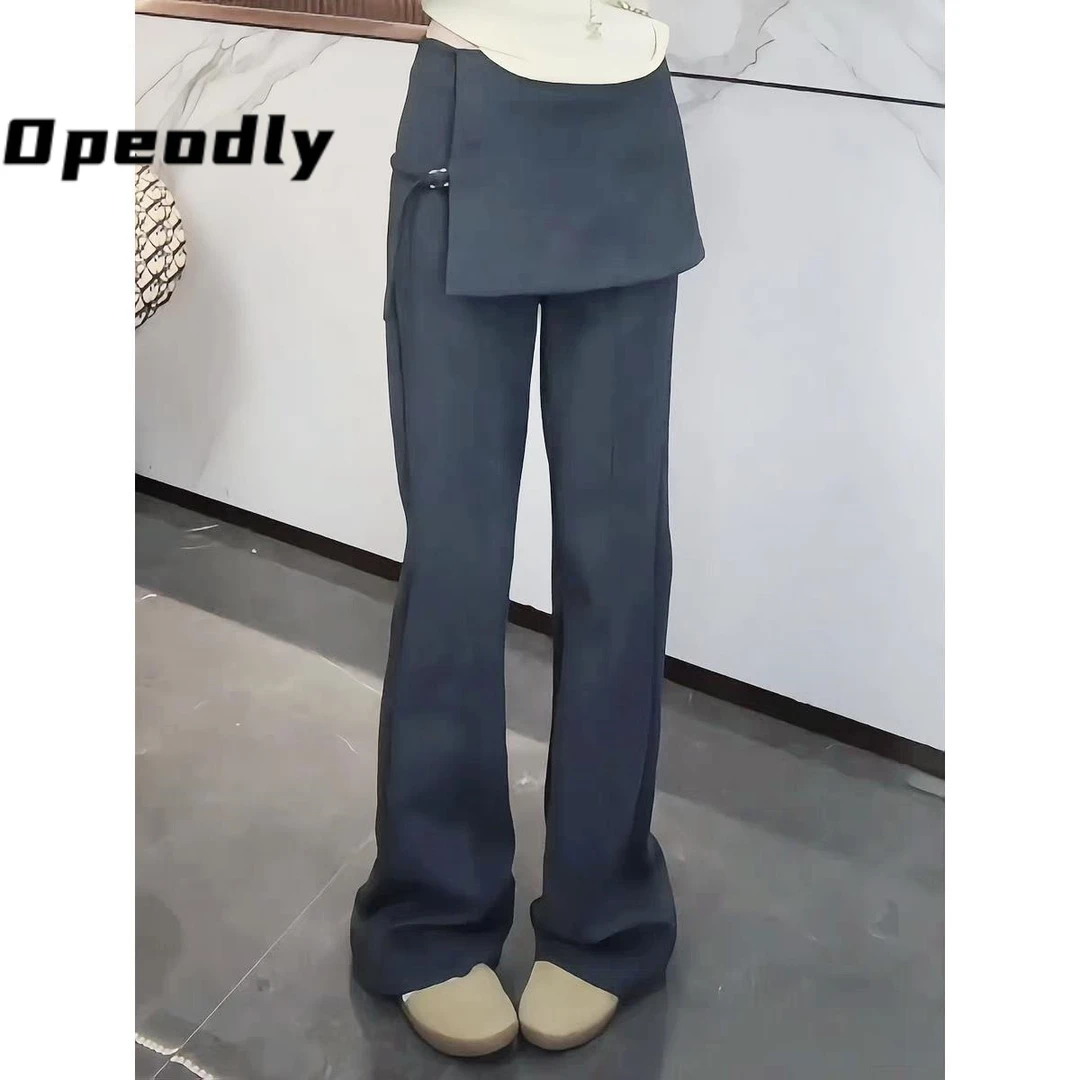 Opeodly灰色拼接假两件卫裤女秋冬季新款修身高腰屁帘西装休闲裤