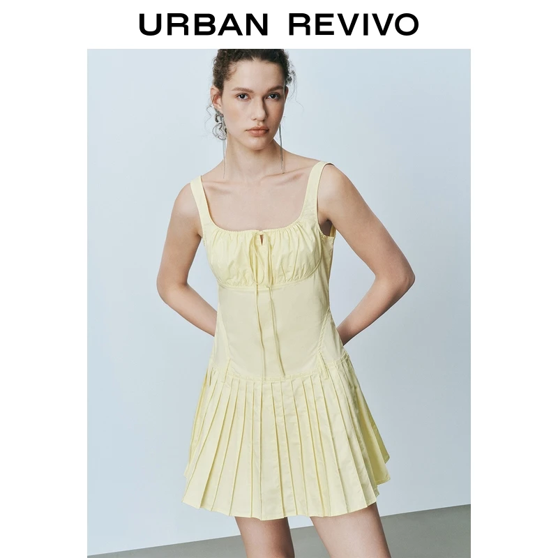 UR2025春季新款女装休闲简约抽绳棉质百褶连衣裙UIU750007