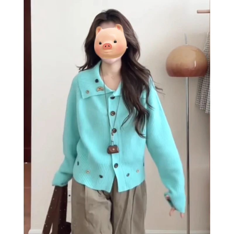 多巴胺韩系早秋穿搭针织开衫女秋冬宽松慵懒风大翻领毛衣外套上衣