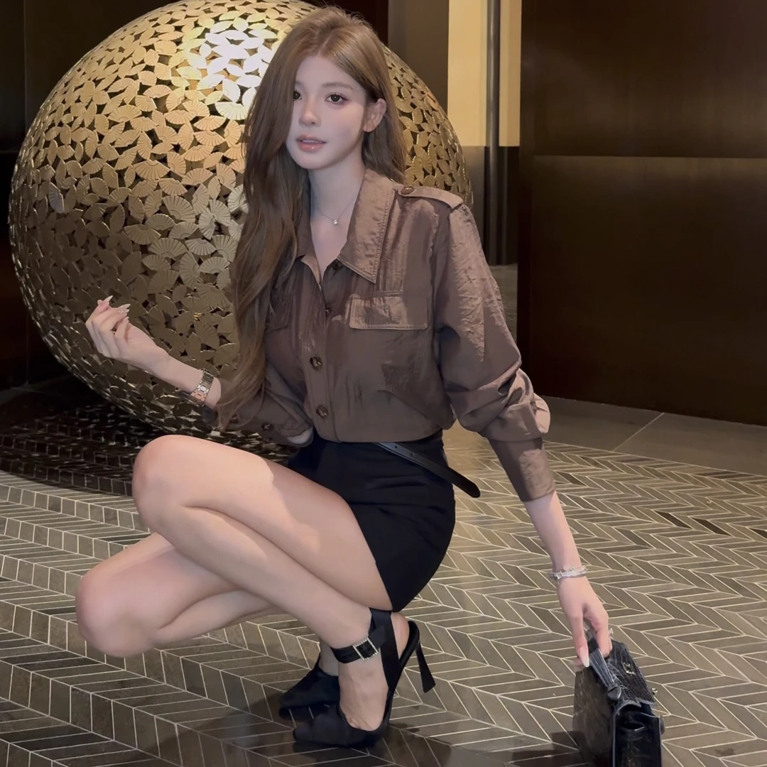 FAY【伦敦时报】美式拽酷气质翻领收腰时尚工装风口袋衬衣