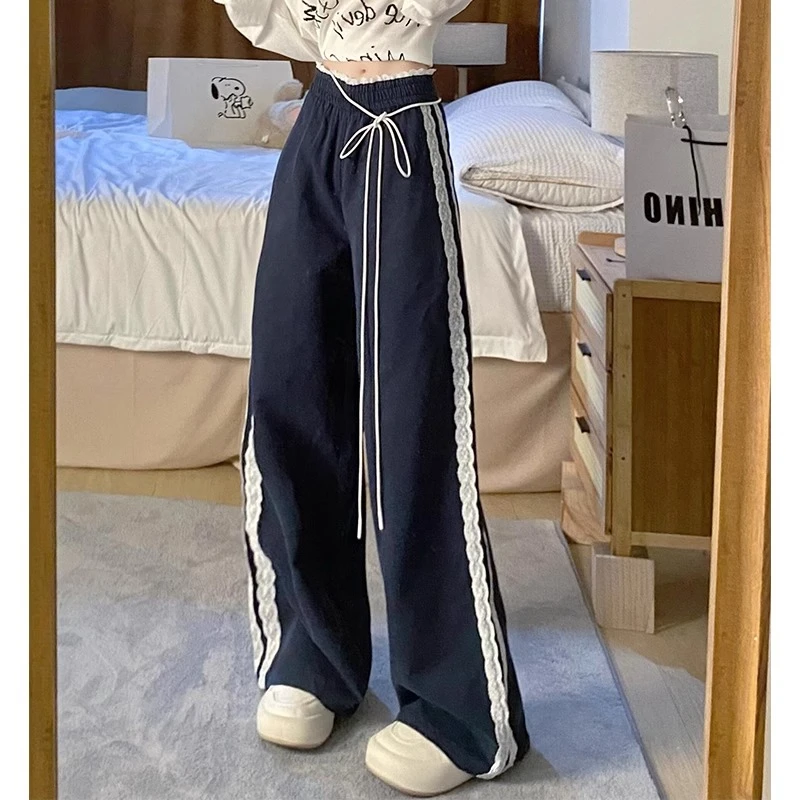 韩系蕾丝花边拼接条纹阔腿运动裤女宽松bf慵懒风裤子宽松慵懒风