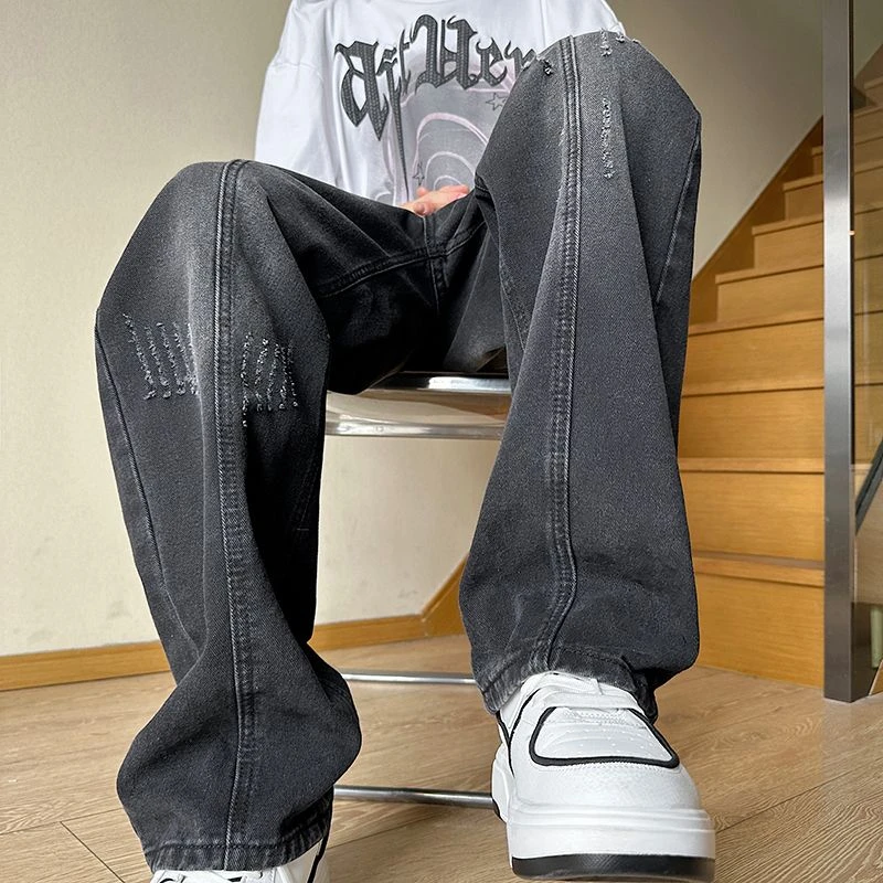 黑色破洞牛仔裤男夏季薄款直筒宽松阔腿垂感美式高街vibe裤子潮牌