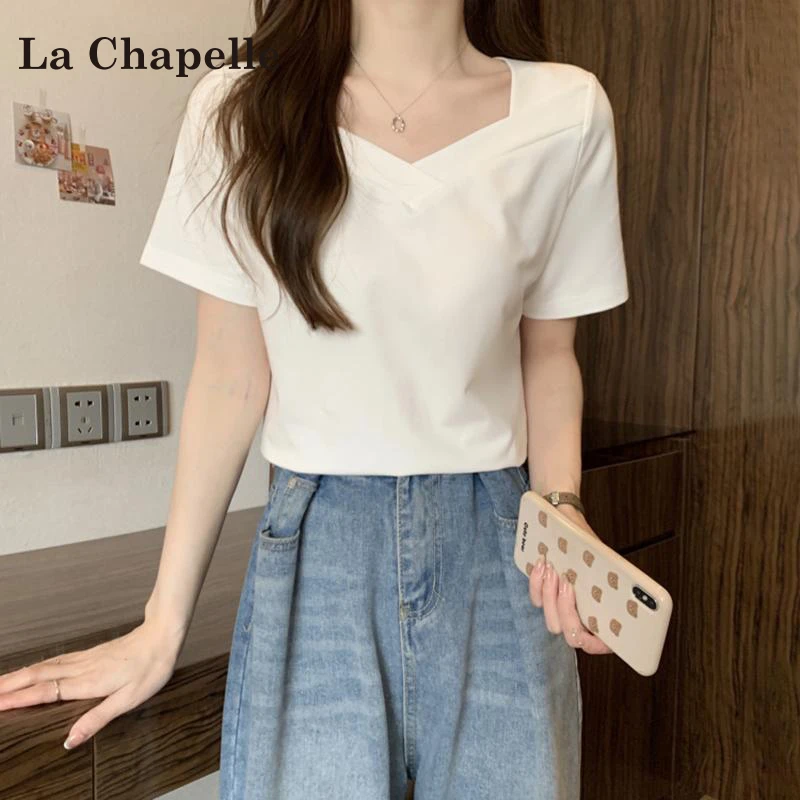 拉夏贝尔大码正肩短袖黑色t恤女2025夏季新款方领宽松设计感上衣