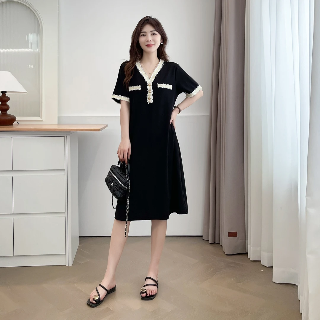 夏季短袖刺绣字裙大码连衣裙百搭斜肩中长裙通勤风----8713