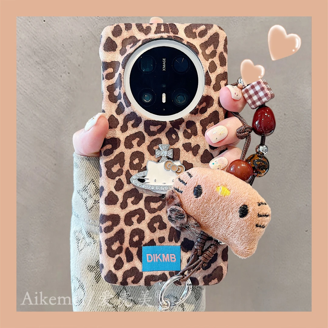 适用华为mate70pro+手机壳棕绒布豹纹mate60pro+立体水钻星球kt猫