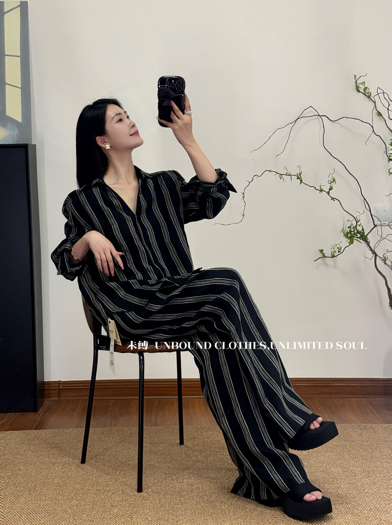 亚麻条纹翻V领衬衫老钱风时尚显瘦宽松套装