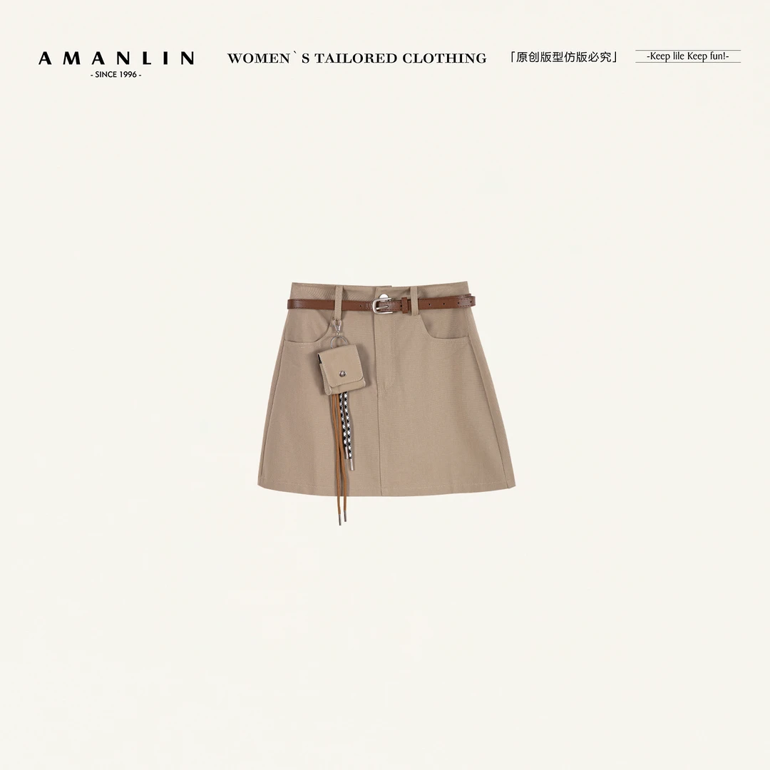 AMANLIN/阿谩琳欧若风卡其色高腰显瘦复A字裙裤牛仔短裤Y599365