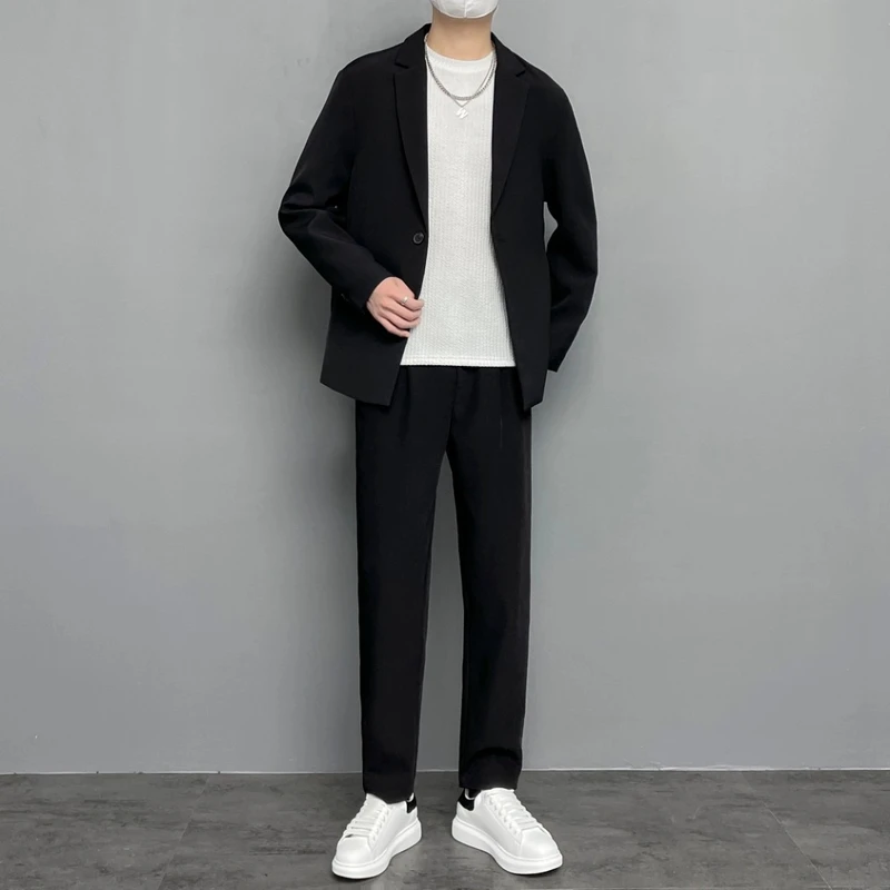 潮男前线春季韩版时尚纯色休闲长袖西装外套+卡扣直筒西裤（套装
