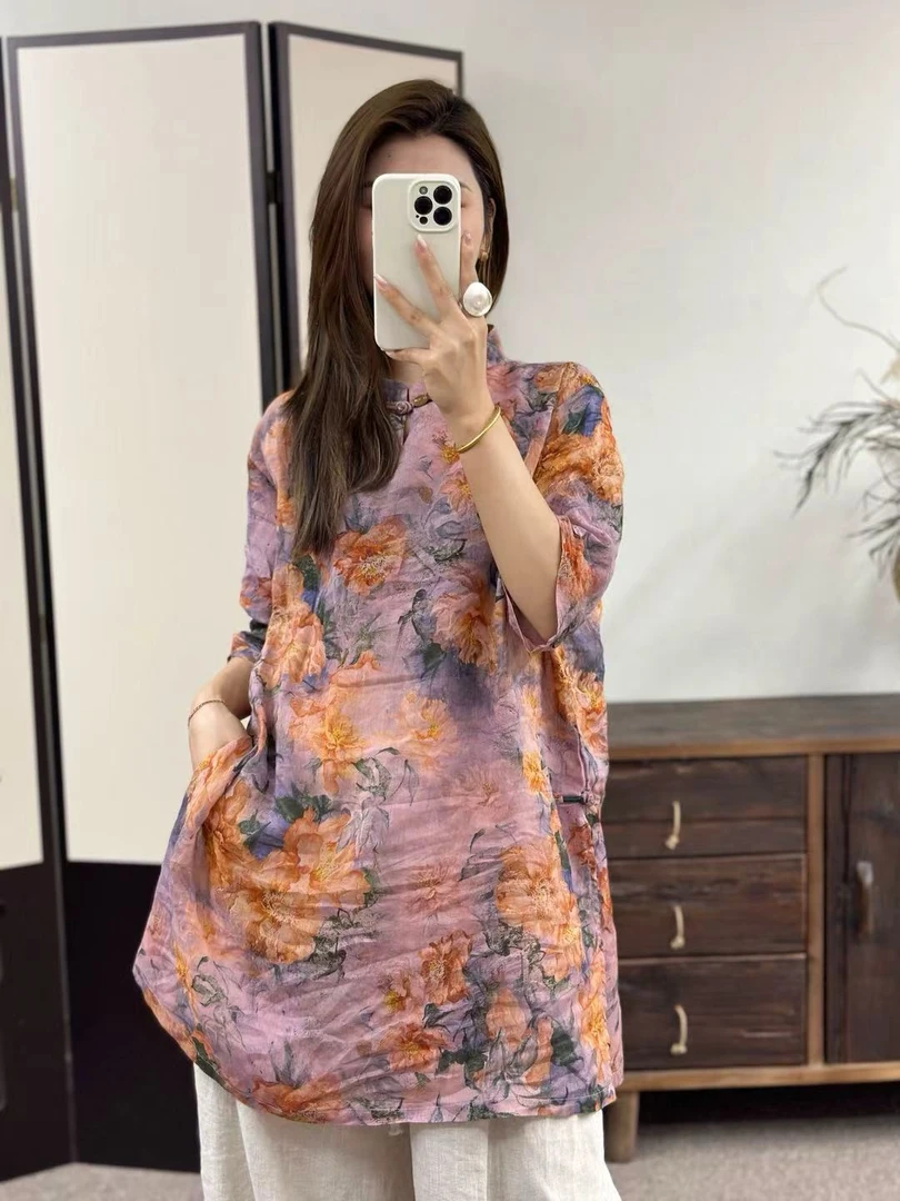 复古民族风轻薄苎麻炒色印花中国风旗袍（衣长86胸围130）