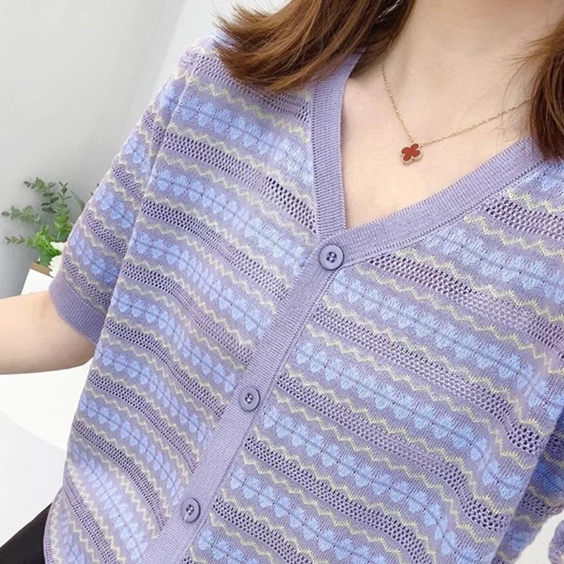 毛针织衫短袖宽松毛衣开衫气质外搭女薄款镂空夏季修身百搭