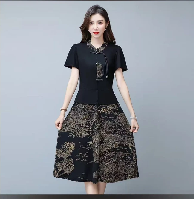 新中式冰麻材质遮肚显瘦国风假两件连衣裙