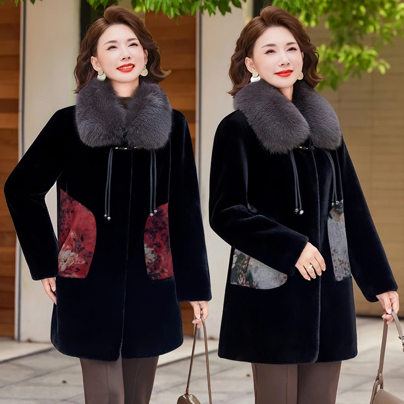 妈妈冬装仿皮草外套女中长款加厚保暖中老年女秋冬时尚毛呢大衣