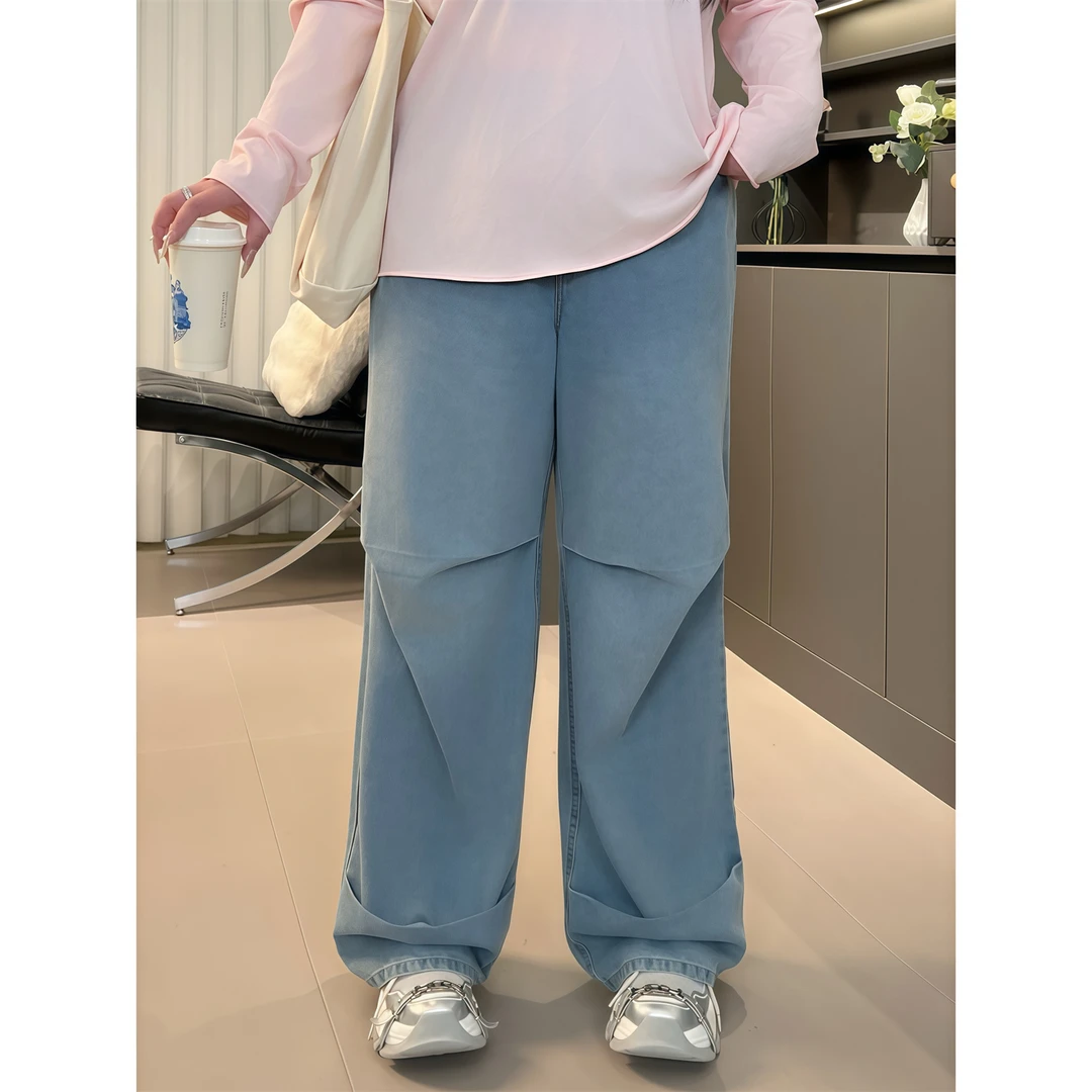 【断码捡漏】大码女装花契200斤胖mm美式高街打褶阔腿牛仔裤4331-X