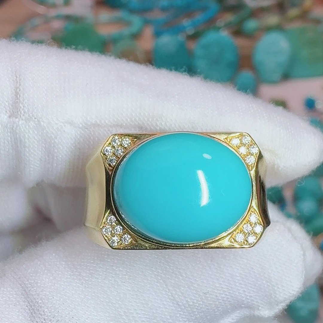 18K金镶嵌绿松石珠宝奇石饱满戒指