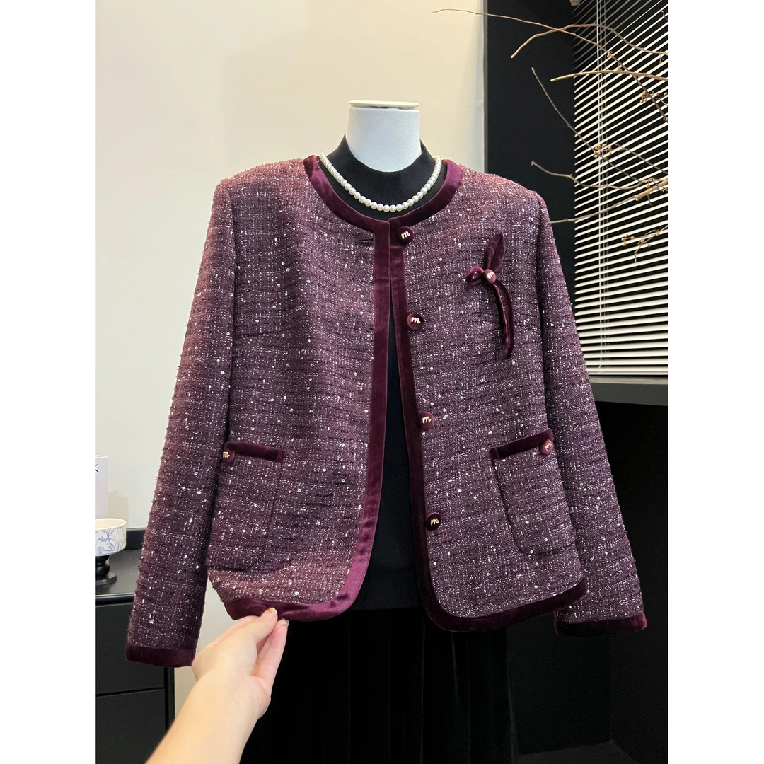 时尚妈妈圆领小香风毛呢外套2025秋季新款中老年高贵气质亮丝上衣