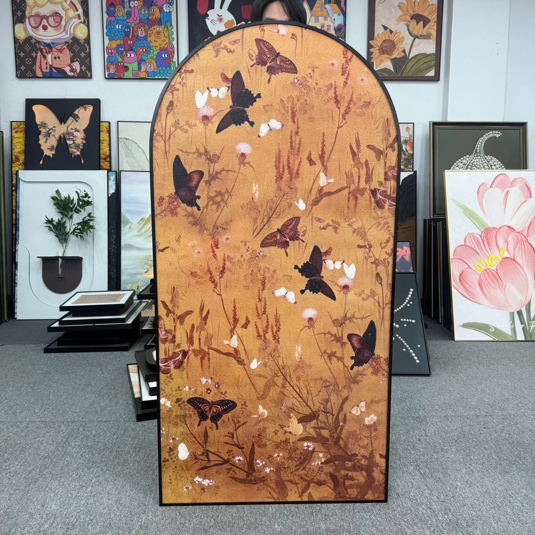 BB法式复古中古百蝶图玄关装饰画高级感拱形艺术壁画70140