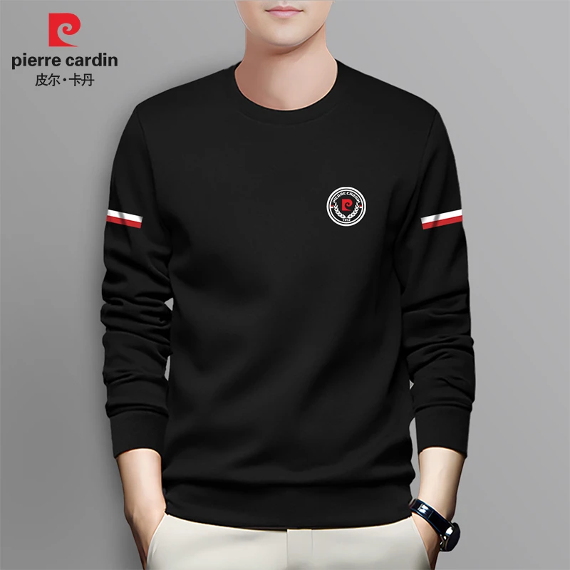 皮尔卡丹大码男士卫衣秋冬商务休闲撞色圆领长袖黑色肥佬装P80271